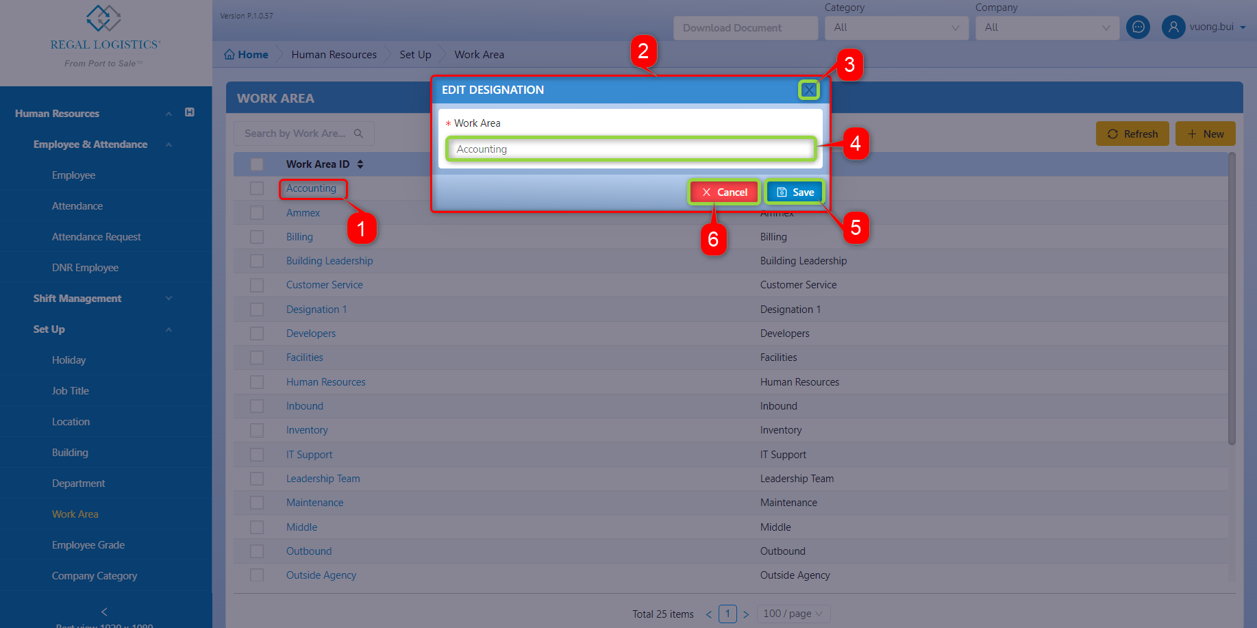 (1) - You can view or edit existing Work Area by click [Work Area ID] link.
